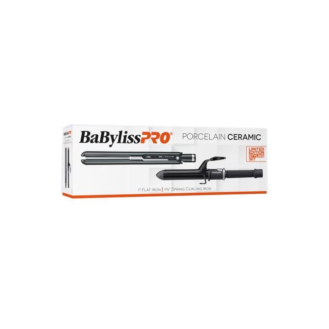 BabylissPro Porcelain Ceramic 1" Flat Iron and 1 1/4" Spring Curling Iron BPCPP6UC