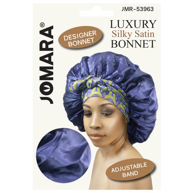 Luxury Silky Satin Bonnet Adjustable Band Navy Blue by Jomara JMR-53963