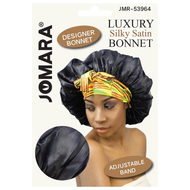Luxury Silky Satin Bonnet Adjustable Band Black by Jomara JMR-53964