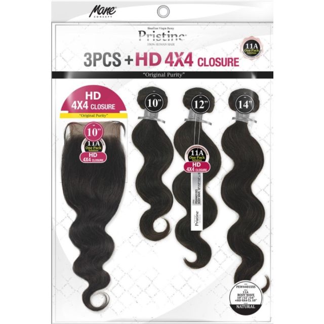 11A 100% Human Hair Body Wave+ Hd 4X4 Closure by Pristine  12+14+16